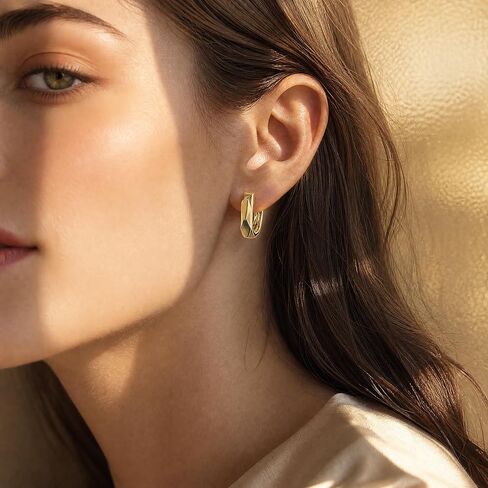 14k Gold Geometric Faceted Hoop Earrings 20mm Diameter 4mm Width Small Geometric Hoops Hypoallergenic Polished Earrings Trendy Minimalist Jewelry for Women Suitable for Sensitive Ears in Saudi Arabia