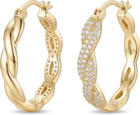 14K Yellow Gold Hoop Earrings for Women, Large Twisted Hinged Hoops with Paved Diamond Sparkly CZ Earring Jewelry, 4mm *29mm in Saudi Arabia