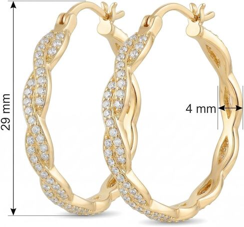 14K Yellow Gold Hoop Earrings for Women, Large Twisted Hinged Hoops with Paved Diamond Sparkly CZ Earring Jewelry, 4mm *29mm in Saudi Arabia