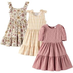 Girls Dress 3 Pack 1-10 Years, Soft Polyester Floral Plaid Eyelet Dress Set, Cute Summer Outfit for Kids in Saudi Arabia