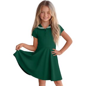 Girl's Sailor Collar Dress Kids Summer Short Sleeve Skater with Pockets Nautical Flowy Dress 5-14 Years in Kuwait