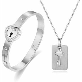 VQYSKO Lock Bracelet and Key Necklace-Stainless Steel Jewelry Suit, Romantic Gift for Valentines Day, Birthday, Christmas, Wedding, Anniversary in Saudi Arabia