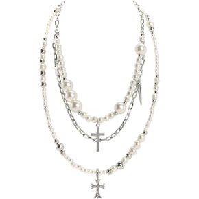 INSYOHO Silver Layered Necklaces for Women - Gothic Pearl Cross Chunky Necklaces Y2K Goth Punk Emo Grunge Choker Vintage Streetwear Costume Statement Catholic Jewelry Gift for Women in Saudi Arabia