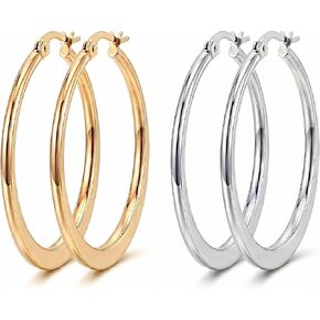 14K Gold Hoop Earrings for Women, 2 Pairs Set, Waterproof & Hypoallergenic, Yellow & White Gold Hoop Earrings for Sensitive Ears, Classic Shiny Lightweight Jewelry in Saudi Arabia