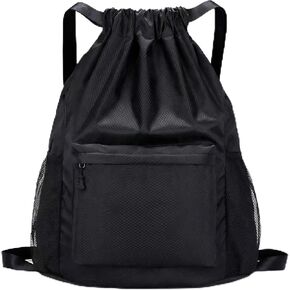Waterproof Drawstring Backpack Gym Bag for Men Women, Lightweight Sports Cinch Sack with Front Pocket & Side Mesh Pockets, Large Capacity Durable String Bag for Gym Workout Travel Beach Swimming Black in Kuwait