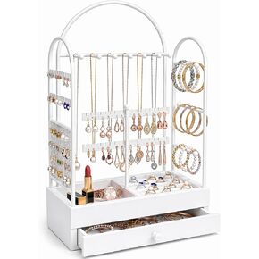 White Vanity Jewelry Organizer Stand with Drawer, Earring Holder and Necklace Bracelet Organizer, Metal & Wood Jewelry Display Stand for Earrings, Rings, Bracelets, Dresser & Bedroom in Saudi Arabia