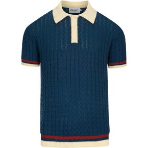 OXKNIT Men's Knit Short Sleeve Shirt Retro Simple Texture Cable Knitted Polo Shirt Blue Cotton Polo with Quarter Button in Saudi Arabia