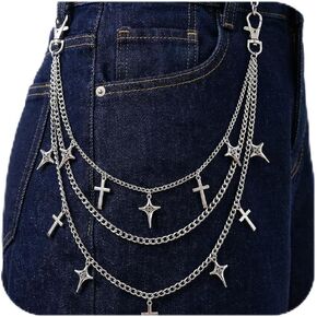 Punk Layered Pants Chain for Women Men, Silver Y2k Belt Loop Pants Chain with Star Cross Tassel for Wallets Jeans in Saudi Arabia