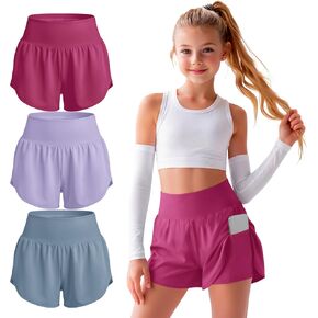 Didaey 3 Pack Girls Athletic Yoga Shorts with Liner 2 in 1 Quick Dry High Elastic Waist Summer Shorts with Pockets 5-14Y in Saudi Arabia