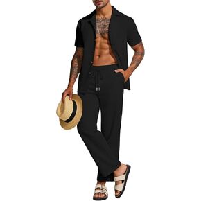 UOUA Mens 2 Piece Linen Set Summer Beach Button Down Short Sleeve Shirt Long Pant Vacation Casual Outfit in Saudi Arabia