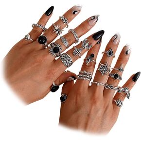 CHICUTIE Vintage Silver Knuckle Rings Set for Women, Retro Stackable Gothic Aesthetic Punk Joint Finger Statement Ring, Halloween Skeleton Skull Bat Spider Flower Hollow Carved Chunky Midi Stacking Rings Pack in Saudi Arabia
