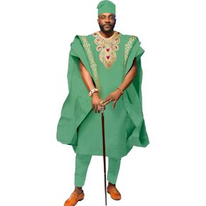 African Men's Clothing Embroidery Agbada Shirts Pants and Hats 4 Piece Set Garments for Wedding Evening in Saudi Arabia