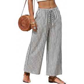 EsheSy Womens Casual Striped Pants Summer Beach Wide Leg Lounge Pants Drawstring Waist Loose Palazzo Trousers with Pockets in Saudi Arabia