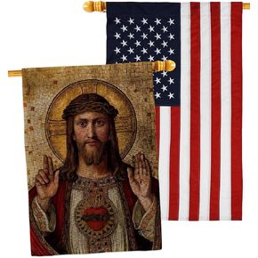 Feast of Sacred Heart of Jesus Canvas Burlap Flag Embroidered American Flags Wall Hanging Decor Home Religious Room Tapestry Faith Fathers Day Cemetery Decorations for Grave Yard Catholic Gifts in Saudi Arabia