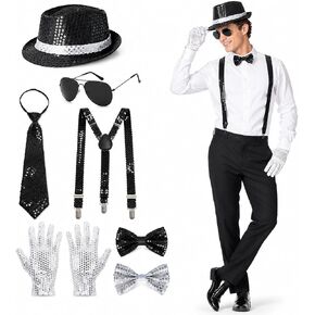 80s Pop Star Costume Accessories Set, Dance Star Outfit Kit with Sequin Fedora Hat, White Sequin Gloves, Sunglasses, Suspenders, Necktie and Bow Ties for Halloween Cosplay Disco Party in Saudi Arabia