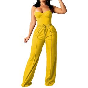 PINSV Women's Casual Wide Leg Pants High Waisted Drawstring Baggy Sweatpants Elastic Straight Leg Lounge Pants Yellow XL in Saudi Arabia