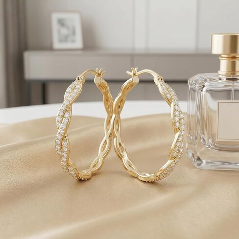 14K Yellow Gold Hoop Earrings for Women, Large Twisted Hinged Hoops with Paved Diamond Sparkly CZ Earring Jewelry, 4mm *29mm in Saudi Arabia