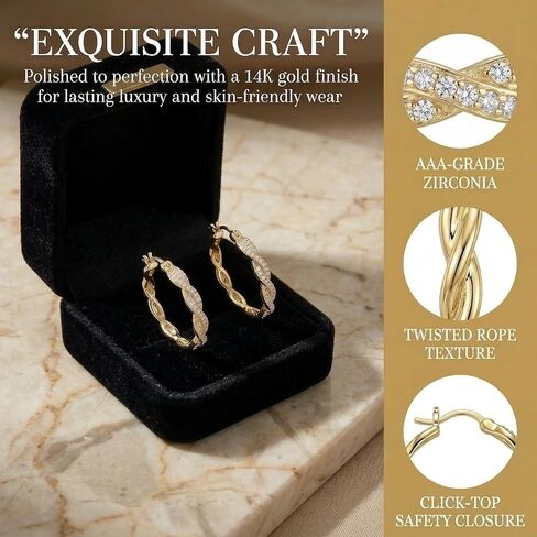 14K Yellow Gold Hoop Earrings for Women, Large Twisted Hinged Hoops with Paved Diamond Sparkly CZ Earring Jewelry, 4mm *29mm in Saudi Arabia