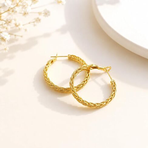 14K Gold Hoop Earrings for Women Chunky Twisted Braided Hoop Earrings with Woven Texture Design Hypoallergenic Gold Earrings for Women Lightweight Classic Statement Jewelry Gift 30MM in Saudi Arabia