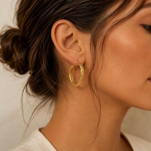 14K Gold Hoop Earrings for Women Chunky Twisted Braided Hoop Earrings with Woven Texture Design Hypoallergenic Gold Earrings for Women Lightweight Classic Statement Jewelry Gift 30MM in Saudi Arabia