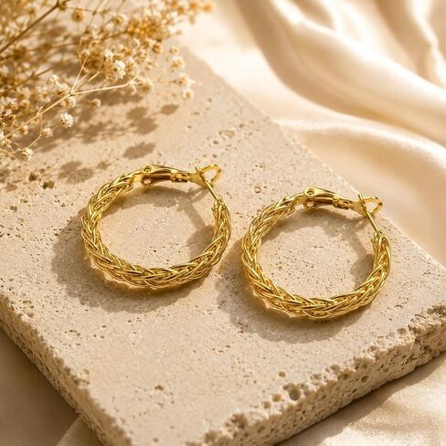 14K Gold Hoop Earrings for Women Chunky Twisted Braided Hoop Earrings with Woven Texture Design Hypoallergenic Gold Earrings for Women Lightweight Classic Statement Jewelry Gift 30MM in Saudi Arabia
