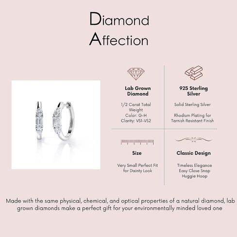 1/2 Cttw Lab Created Emerald Cut Diamond Hoop Earrings for Women Small Huggie Hoops Rhodium Plated 925 Sterling Silver in Saudi Arabia