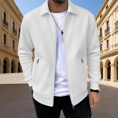 Men's Waffle Knit Full Zip Jacket Casual Lapel Collar Lightweight Transitional Coat With Zipper Pockets For Spring Fall in Kuwait