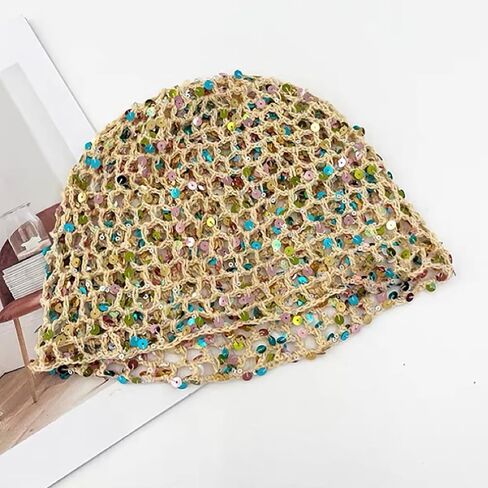 Summer Glitter Sequin Beanie Hollow Out Crochet Hat for Boho Beach Party in Saudi Arabia