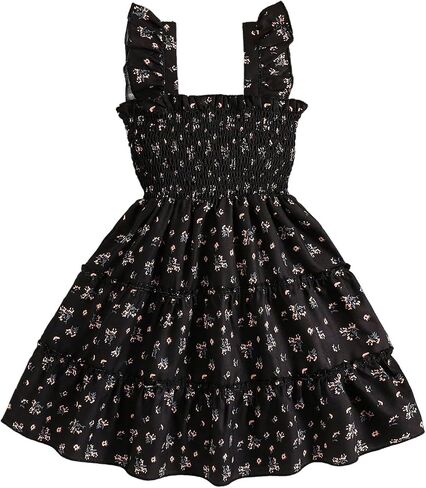 SOLY HUX Toddler Girl's Floral Dress Square Neck Sleeveless Shirred Ruffle A Line Summer Vacation Midi Dresses Sundress in Kuwait