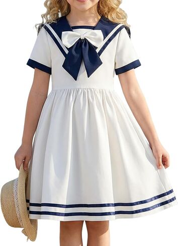 FYMNSI Kids Girls 1950s Retro Hepburn Style Sailor Collar A-Line Dress Vintage Rockabilly Swing Dress for Birthday Tea Party in Kuwait