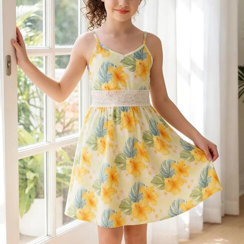 Girls Sundress Floral Adjustable Spaghetti Strap Dress V Neck Sleeveless A Line Lace Waist Panel and Side Pockets in Kuwait