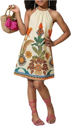 RoseSeek Girl's Boho Floral Halter Dress Sleeveless Mini Dresses Cute Summer Vacation Outfits in Kuwait