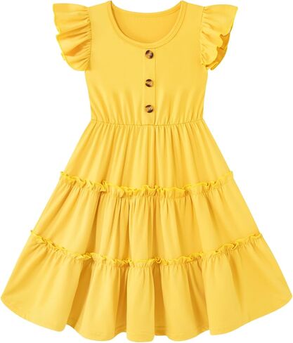 Little Girls Summer Dress Ruffle Sleeve Casual Party A-Line Button Round Neck Smocked Midi Sundress 4-8 Years in Saudi Arabia