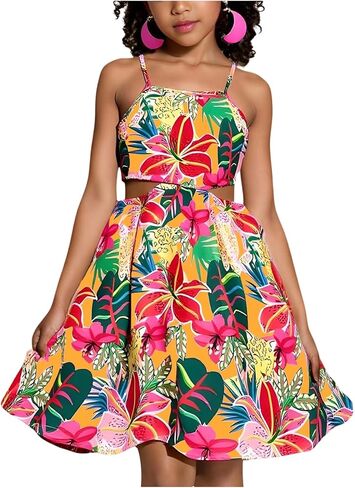 SweatyRocks Girl's Tropical Hawaiian Dress Floral Spaghetti Strap Cut Out Beach Vacation Dresses in Kuwait