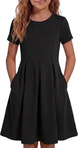 Girls' Casual Short Sleeve Dresses with Pockets，Girl Black Dress for Cute Skater and School Girls Dresses Size 4-14 Years in Saudi Arabia