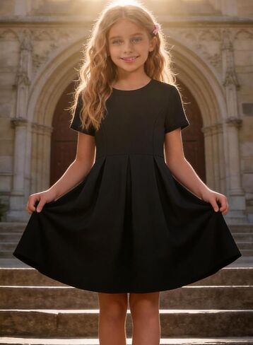 Girls' Casual Short Sleeve Dresses with Pockets，Girl Black Dress for Cute Skater and School Girls Dresses Size 4-14 Years in Saudi Arabia