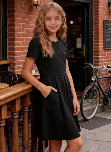 Girls' Casual Short Sleeve Dresses with Pockets，Girl Black Dress for Cute Skater and School Girls Dresses Size 4-14 Years in Saudi Arabia