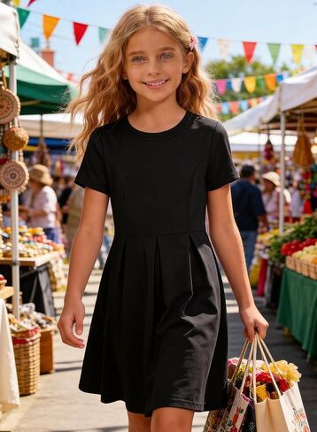 Girls' Casual Short Sleeve Dresses with Pockets，Girl Black Dress for Cute Skater and School Girls Dresses Size 4-14 Years in Saudi Arabia