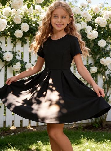 Girls' Casual Short Sleeve Dresses with Pockets，Girl Black Dress for Cute Skater and School Girls Dresses Size 4-14 Years in Saudi Arabia