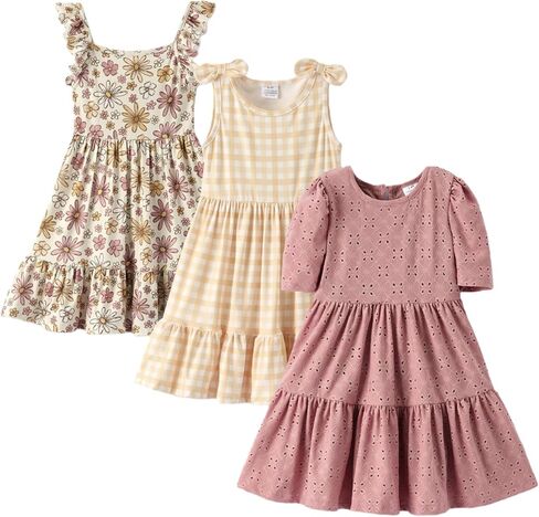 Girls Dress 3 Pack 1-10 Years, Soft Polyester Floral Plaid Eyelet Dress Set, Cute Summer Outfit for Kids in Saudi Arabia