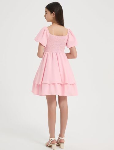EXARUS Girls Summer Dress Mini/Midi Tween Puff Sleeve Dance Sundress Party Formal Graduation Smocked Flowy Cute Dresses in Kuwait