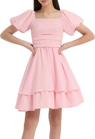 EXARUS Girls Summer Dress Mini/Midi Tween Puff Sleeve Dance Sundress Party Formal Graduation Smocked Flowy Cute Dresses in Kuwait