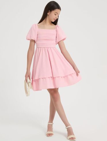 EXARUS Girls Summer Dress Mini/Midi Tween Puff Sleeve Dance Sundress Party Formal Graduation Smocked Flowy Cute Dresses in Kuwait