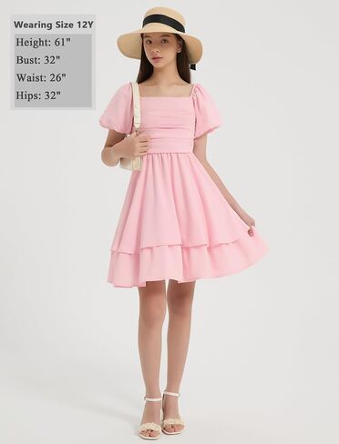 EXARUS Girls Summer Dress Mini/Midi Tween Puff Sleeve Dance Sundress Party Formal Graduation Smocked Flowy Cute Dresses in Kuwait