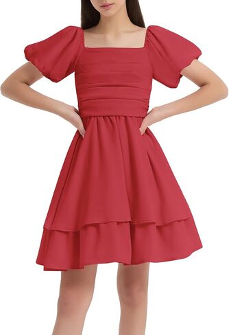 EXARUS Girls Summer Dress Mini/Midi Tween Puff Sleeve Dance Sundress Party Formal Graduation Smocked Flowy Cute Dresses in Kuwait