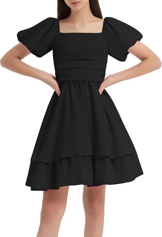 EXARUS Girls Summer Dress Mini/Midi Tween Puff Sleeve Dance Sundress Party Formal Graduation Smocked Flowy Cute Dresses in Kuwait