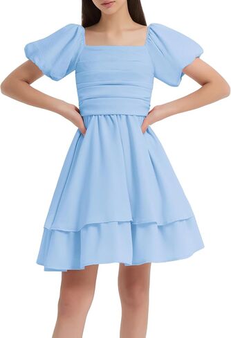 EXARUS Girls Summer Dress Mini/Midi Tween Puff Sleeve Dance Sundress Party Formal Graduation Smocked Flowy Cute Dresses in Kuwait