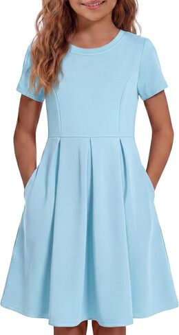 Girls' Casual Short Sleeve Dresses with Pockets，Girl Black Dress for Cute Skater and School Girls Dresses Size 4-14 Years in Saudi Arabia