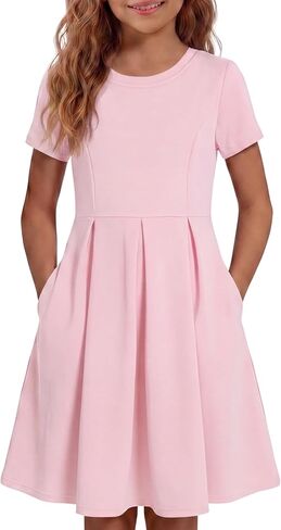 Girls' Casual Short Sleeve Dresses with Pockets，Girl Black Dress for Cute Skater and School Girls Dresses Size 4-14 Years in Saudi Arabia