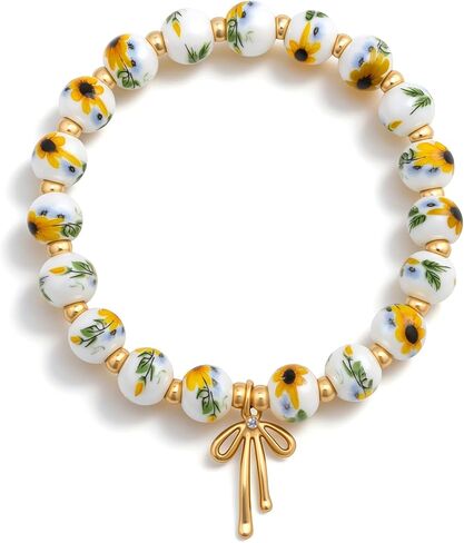Sunflower Gifts For Women Sunflower Bracelet For Women Girls Bow Charm Bracelet For Female Sunflowers Vintage Bracelets Handmade Stretch Beaded Dainty Bracelets Gifts For Girls Birthday in Kuwait